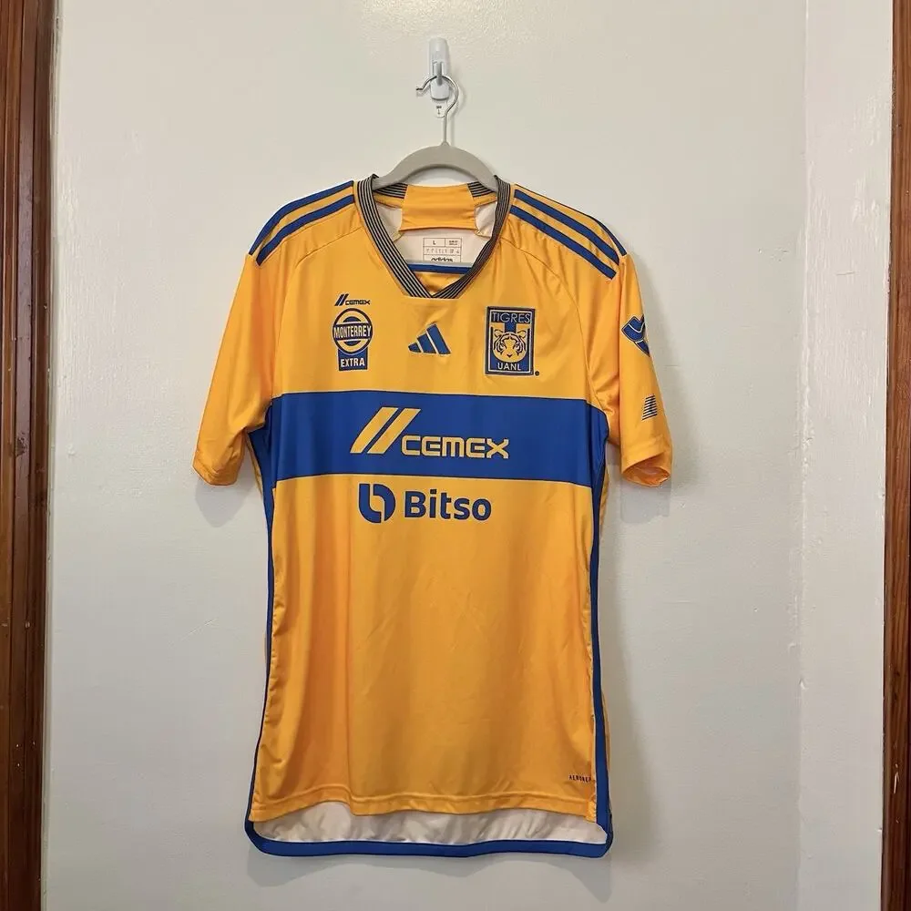 2023 Adidas Monterrey Tigres UANL Home Yellow Blue Soccer Jersey Cemex Rare Sz L